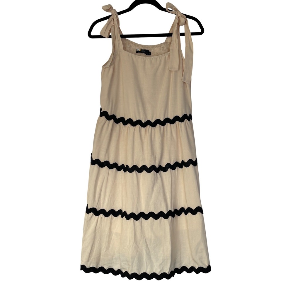 Zesica Cream Tiered‎ Midi Dress Sz XL Tie Shoulder Black Trim Prairie Minimalist